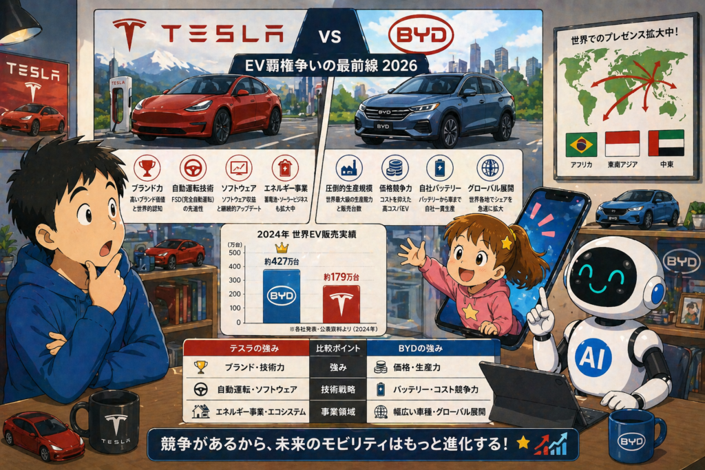 テスラ vs BYD、EV覇権争いの最前線2026
