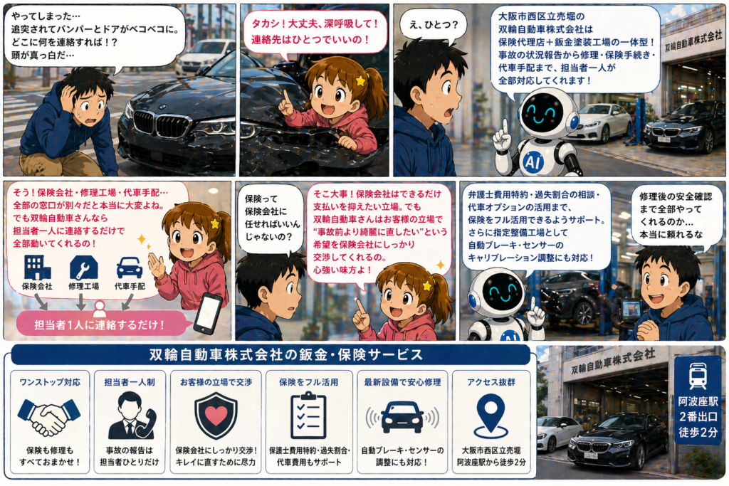事故・傷ついた...でも大丈夫！鈑金も保険も双輪自動車でワンストップ！