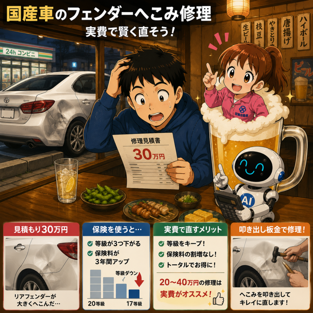 国産車20～40万のへこみ修理保険を使わず実費で賢く直す