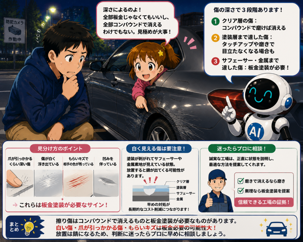車のキズ・擦り傷コンパウンドで消える？板金が必要？見極め方