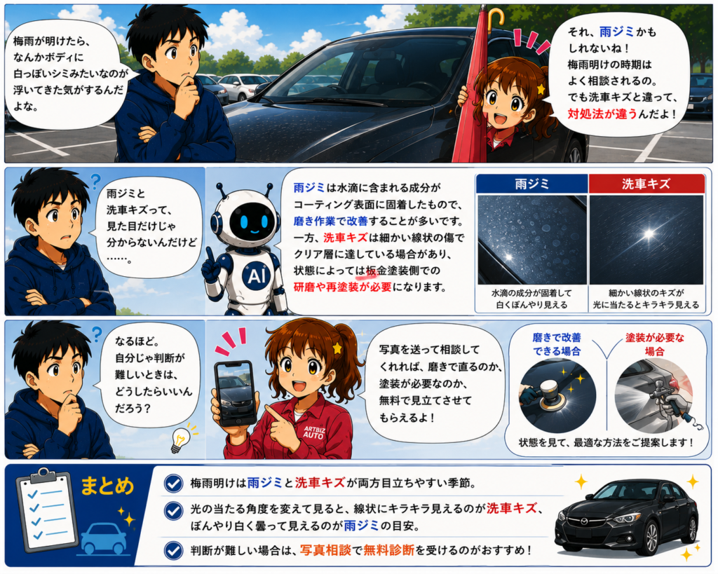 梅雨明けにチェックしたい愛車のキズ雨ジミ・洗車キズの見分け方
