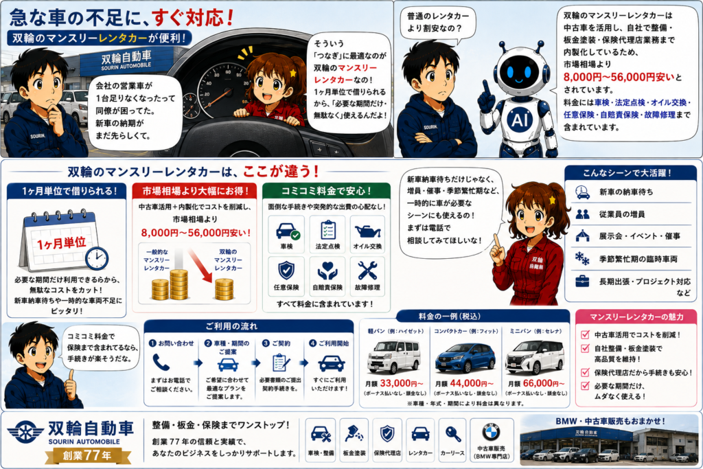営業車の「一時的な不足」を賢く解決！法人マンスリーレンタカー活用術