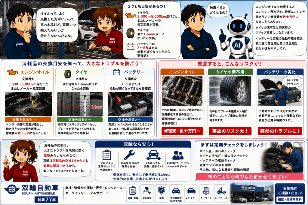 オイル・タイヤ・バッテリー交換時期の見極め方と放置リスク