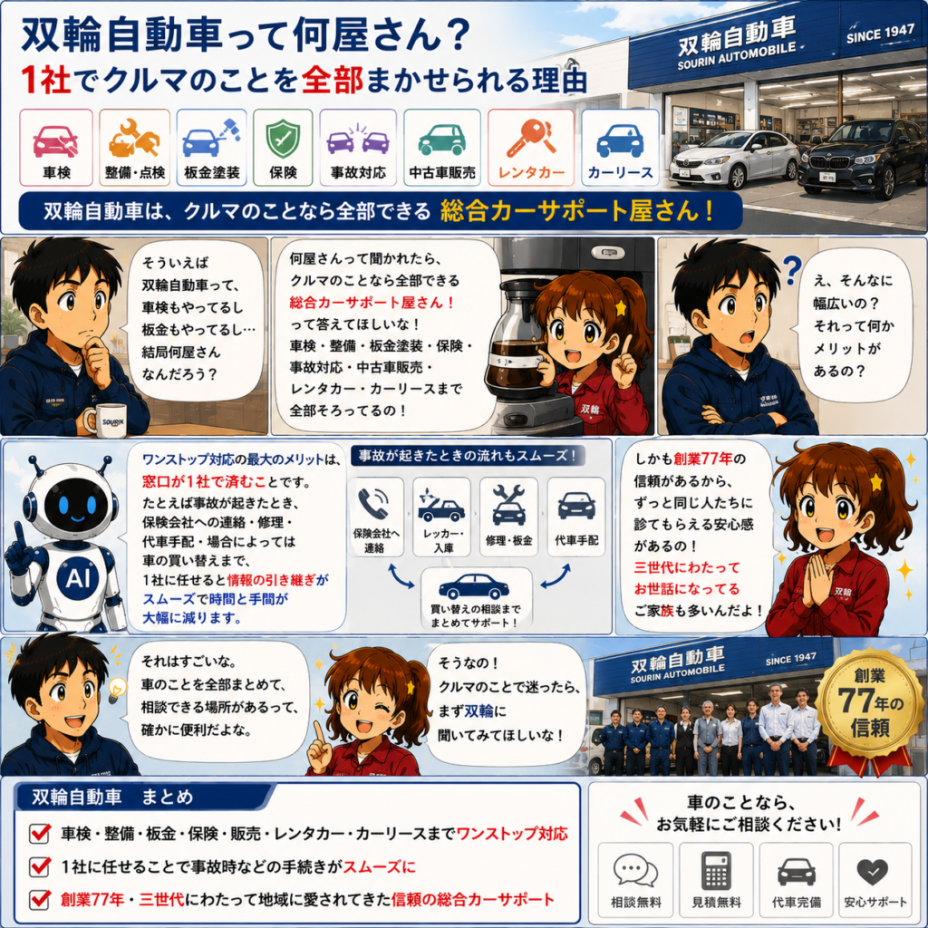 双輪自動車って何屋さん？1社でクルマのことを全部まかせられる理由