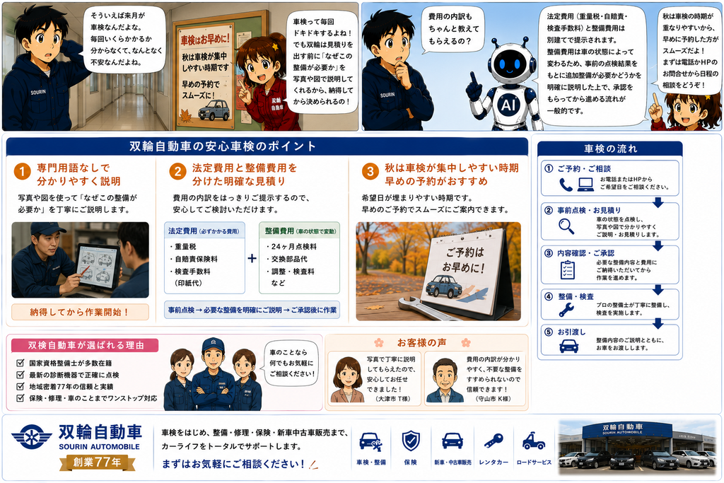 秋の車検シーズン到来!双輪自動車の車検は説明が丁寧で費用も明確